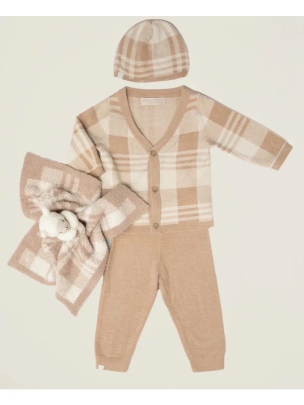 Barefoot Dreams CozyChic Ultra Lite Plaid Baby Set Cardigan Pants 3-6M Cream Tan